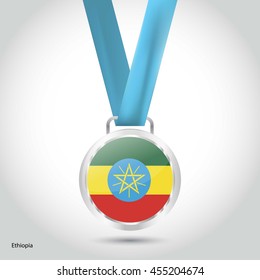 Ethiopia Flag in Silver Medal. Vector Illustration. RIO Olympic Game silver Medal. Vector Illustration