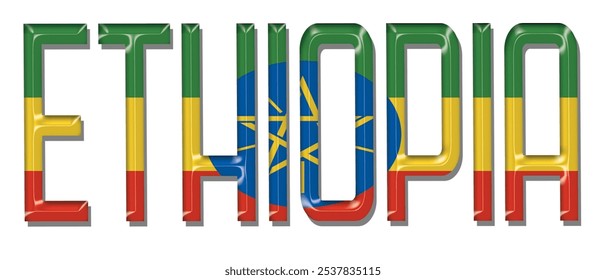 Fonte de texto da bandeira da Etiópia, fundo colorido da bandeira 3D da Etiópia, ilustração do vetor da bandeira da Etiópia