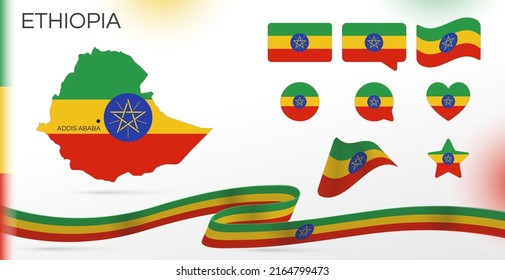 Banderas de Etiopía puestas. Varios diseños. Mapa y ciudad capital. Banderas del mundo. Conjunto de vectores. Círculo. Plantilla para el día de la independencia. Colección de símbolos nacionales. Cinta con colores del indicador.