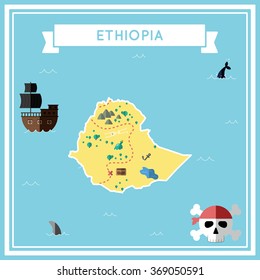 Ethiopia flat treasure map. Colorful cartoon treasure map of Ethiopia with flat icons of pirate ship, jolly roger, treasure chest and banner ribbon. Flat design vector illustration.