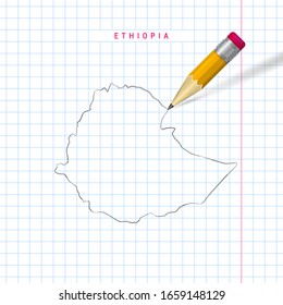 Ethiopia freehand pencil sketch outline map on white background. Realistic 3D pencil with soft shadow.