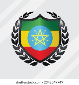 Ethiopia Glossy Black Shield Flag With Rounding Leaf Wreath 
