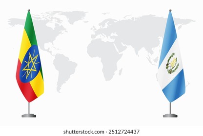 Etiópia e Guatemala bandeiras para encontro oficial contra fundo do mapa do mundo.