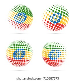 Ethiopia halftone flag set patriotic vector design. 3D halftone sphere in Ethiopia national flag colors isolated on white background.