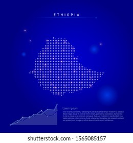 Ethiopia illuminated map with glowing dots. Infographics elements. Dark blue space background. Vector illustration. Growing chart, lorem ipsum text.