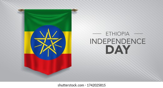 Ethiopia independence day greeting card, banner, vector illustration. Ethiopian national day background with pennant