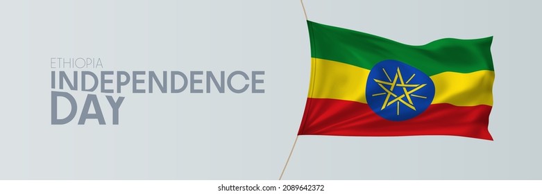Cartel vectorial del día de la independencia de Etiopía, tarjeta de saludo. Bandera ondulada etíope en diseño horizontal de feriado patriótico nacional