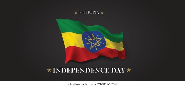 Ethiopia independence day vector banner, greeting card. Ethiopian wavy flag in patriotic holiday horizontal design with realistic flag