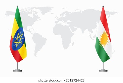 Ethiopia and Kurdistan flags for official meeting against background of world map.