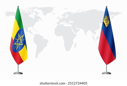 Ethiopia and Liechtenstein flags for official meeting against background of world map.