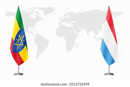 Ethiopia and Luxembourg flags for official meeting against background of world map.