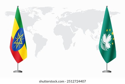 Ethiopia and Macau flags for official meeting against background of world map.