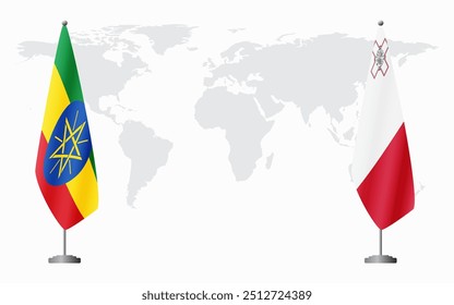 Ethiopia and Malta flags for official meeting against background of world map.