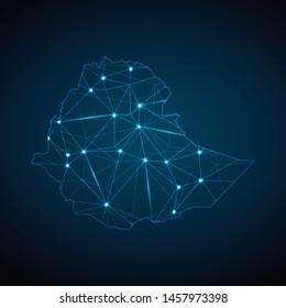 Ethiopia Map - Abstract geometric mesh polygonal network line, structure and point scales on dark background with lights in the form of cities. Vector illustration eps 10.