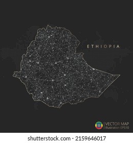 Ethiopia map abstract geometric mesh polygonal light concept with black and white glowing contour lines countries and dots on dark background. Vector illustration.