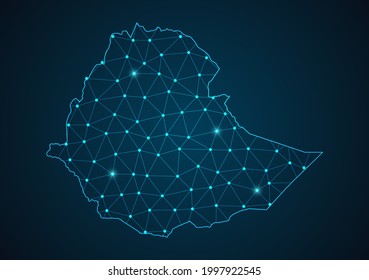 Ethiopia map Abstract mash line and point scales on dark background. Wire Frame 3D mesh polygonal network line. Network line, design sphere, dot and structure vector