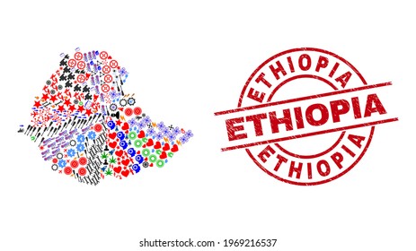 Ethiopia map collage and rubber Ethiopia red round stamp print. Ethiopia stamp uses vector lines and arcs. Ethiopia map collage includes markers, houses, screwdrivers, suns, hands, and more icons.