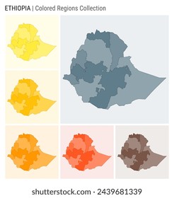 Ethiopia map collection. Country shape with colored regions. Blue Grey, Yellow, Amber, Orange, Deep Orange, Brown color palettes. Border of Ethiopia with provinces for your infographic.