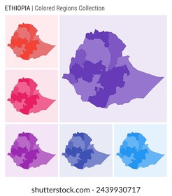 Ethiopia map collection. Country shape with colored regions. Deep purple, red, pink, purple, indigo, blue color palettes. Border of Ethiopia with provinces for your infographic. Vector illustration.