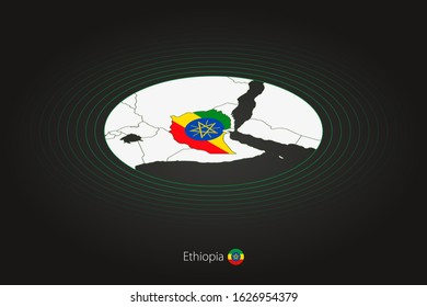 Ethiopia map in dark color, oval map with neighboring countries. Vector map and flag of Ethiopia