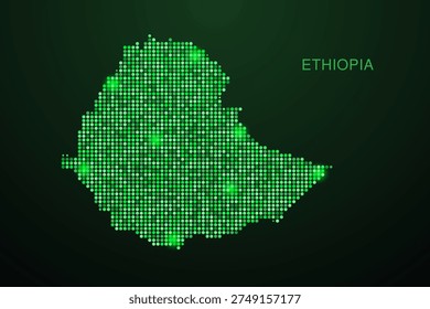 Ethiopia Map - Digital dotted map with glowing green points on dark background, modern technology style, abstract data network design, clean minimal geometric vector illustration.