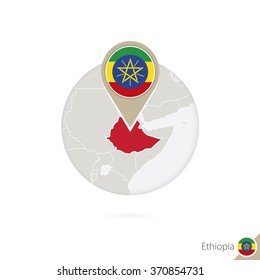 Ethiopia map and flag in circle. Map of Ethiopia, Ethiopia flag pin. Map of Ethiopia in the style of the globe. Vector Illustration.