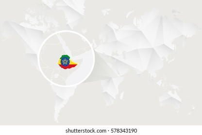 Ethiopia map with flag in contour on white polygonal World Map. Vector Illustration.