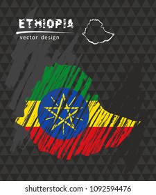 Ethiopia map with flag inside on the black background. Chalk sketch vector illustration