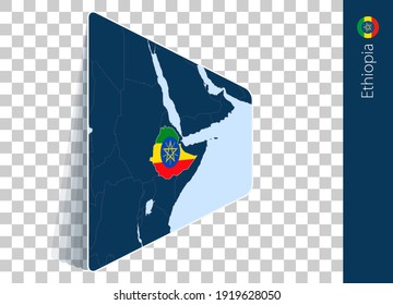 Ethiopia map and flag on transparent background. Highlighted Ethiopia on blue vector map.