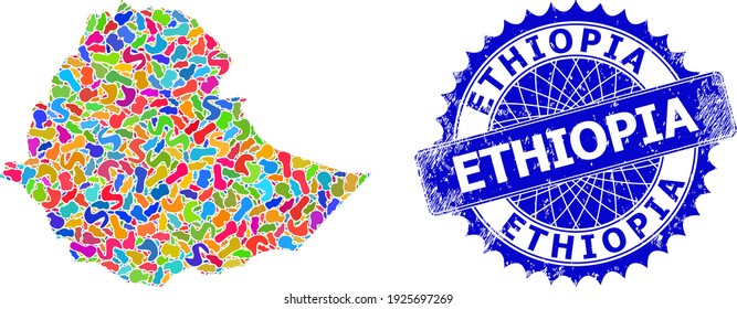 Ethiopia map flat illustration. Splash pattern map and distressed badge for Ethiopia. Sharp rosette blue badge with text for Ethiopia map.