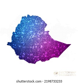 Mapa etíope en azul alambre geométrico con gradiente de estilo poligonal púrpura sobre fondo blanco. Ilustración vectorial Eps10.
