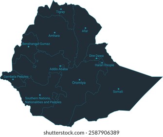 Ethiopia map high detailed with administrative divide by state, capital cities names, outline simplicity style. Vector illustration EPS10.