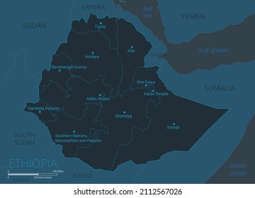 Ethiopia map. High detailed map of Ethiopia with countries, borders, cities, water objects. Vector illustration eps10