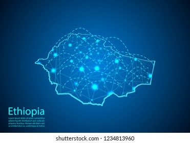 ethiopia map with nodes linked by lines. concept of global communication and business. Dark ethiopia map created from white dots with travel locations or internet connection.