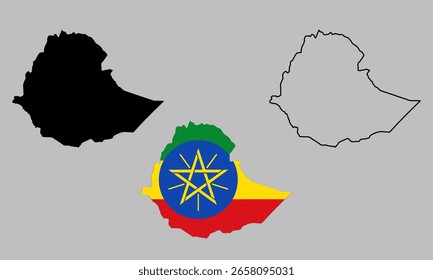 Mapa de Etiopía en estilo de contorno, color negro, color de la versión de la bandera del país	