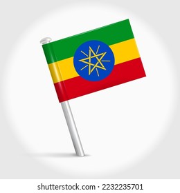 Ethiopia map pin flag icon. Ethiopian pennant map marker on a metal needle. 3D realistic vector illustration.