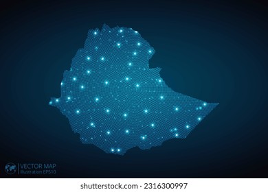 Patrón de puntos radiales de mapa de Etiopía en estilo futurista, diseño de contorno de círculo azul brillante hecho de estrellas. concepto de comunicación sobre fondo azul oscuro. EPS10 vectores