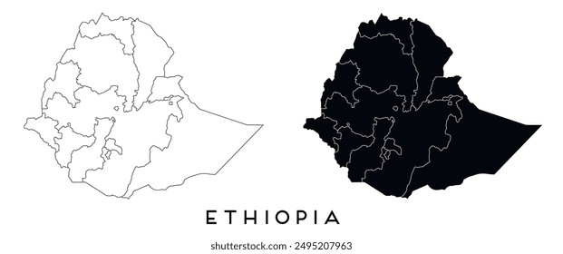 Ethiopia map of regions districts vector black on white and outline