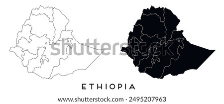 Ethiopia map of regions districts vector black on white and outline