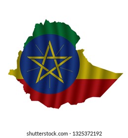 Ethiopia map with rippled flag on white illustration. Waving Fabric Flag Map of Ethiopia. Map of Realm. Vector White Background. Vector illustration eps10.