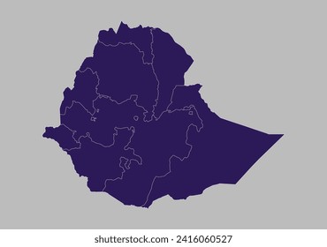 Mapa vectorial de Etiopía, color azul púrpura aislado en fondo gris.