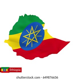 Ethiopia map with waving flag of country. Vector illustration.