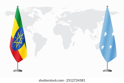 Ethiopia and Micronesia flags for official meeting against background of world map.