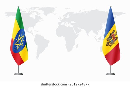 Ethiopia and Moldova flags for official meeting against background of world map.