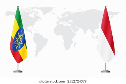 Ethiopia and Monaco flags for official meeting against background of world map.