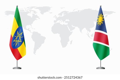 Ethiopia and Namibia flags for official meeting against background of world map.