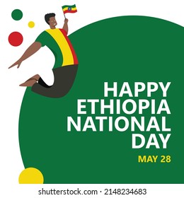 Ethiopia national day celebration vector illustration with a man jumping and holding the national flag. African country public holiday celebrated annually on May 28.