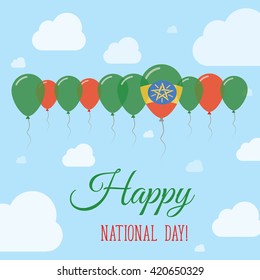 Ethiopia National Day Flat Patriotic Poster. Row of Balloons in Colors of the Ethiopian flag. Happy National Day Ethiopia Card with Flags, Balloons, Clouds and Sky.
