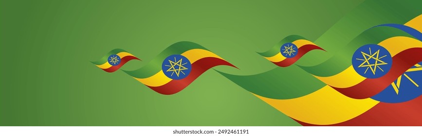 Día Nacional de Etiopía ondeando banderas con dos pliegues de fondo de paisaje azul
