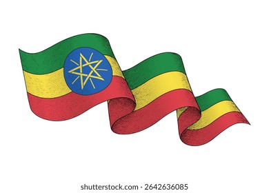 Ethiopia national flag waving ribbon shape with engraved vintage texture